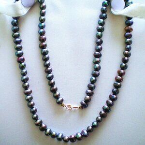 Designer Peacock Platinum Black Freshwater Pearl Beaded NECKLACE 14K gold Clasp